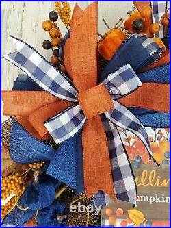 Handmade Fall Pumpkin Wreath, Blue and Rust Orange Fall Wreath, Autumn Wreath