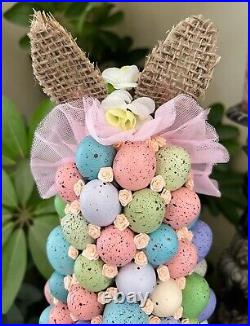 Handmade Pastel Speckled Easter Eggs Satin Roses Topiary Easter Bunny Tree