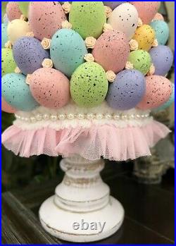 Handmade Pastel Speckled Easter Eggs Satin Roses Topiary Easter Bunny Tree