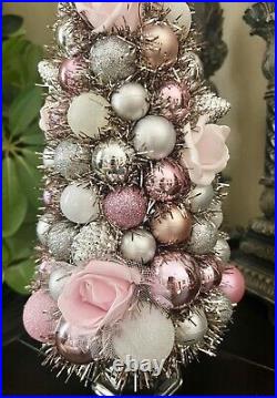 Handmade Shabby Chic Roses Pink Silver Christmas Tree Centerpiece Decor 17