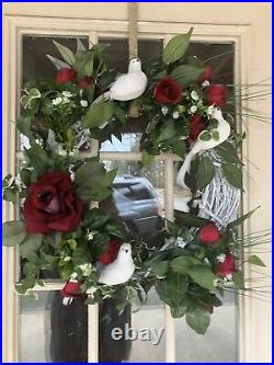 Handmade red roses and white doves summer wreath. Indoor Outdoor Home Decor