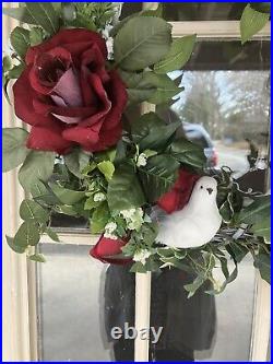 Handmade red roses and white doves summer wreath. Indoor Outdoor Home Decor