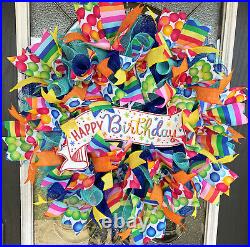 Happy Birthday Balloon Party Front Door Deco Mesh Wreath Gender Neutral