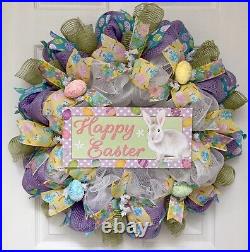 Happy Easter Wreath With White Bunny And Easter Eggs Handmade Deco Mesh