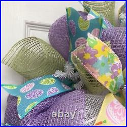 Happy Easter Wreath With White Bunny And Easter Eggs Handmade Deco Mesh