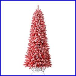 Home Heritage Anson 7 Ft Slim Pine Prelit Flocked Artificial Christmas Tree, Red
