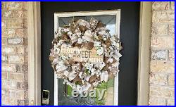 Home Sweet Home Magnolia & Cotton Deco Mesh Front Door Wreath Fall Spring Summer