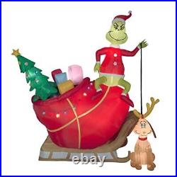 Inflatable Christmas Grinch in A Sleigh with Max The Dog, LED Lights, Plug in