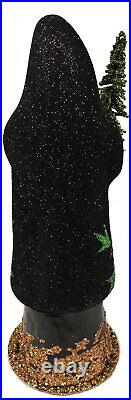 Ino Schaller Black Glitter Santa with Poinsettia Paper Mache Candy Container