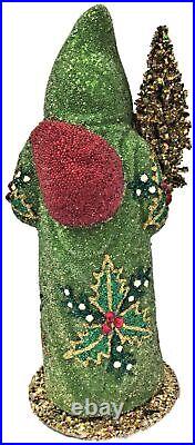 Ino Schaller Green Beaded Santa Holly Leaves German Paper Mache Candy Container