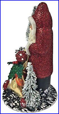 Ino Schaller Red Glitter Santa with Bag and Mushrooms German Paper Mache