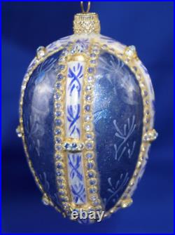 Jay Strongwater Egg Shaped Blue & White & Gold with Swarovski Crystals Ornament