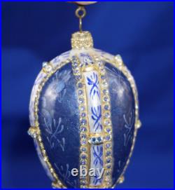 Jay Strongwater Egg Shaped Blue & White & Gold with Swarovski Crystals Ornament