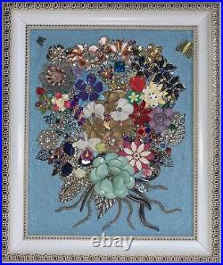 Jeweled / Rhinestone Jewelry Flower / Floral Bouquet Framed Picture. Art