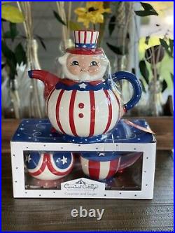 Johanna Parker Carnival Cottage Patriotic Uncle Sam Tea Pot With Creamer & Sugar