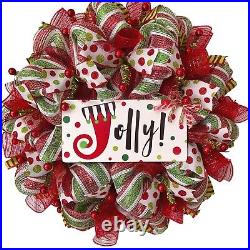 Jolly Christmas Red and Green Striped Wreath Handmade Deco Mesh