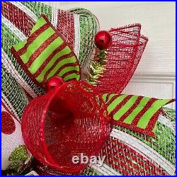 Jolly Christmas Red and Green Striped Wreath Handmade Deco Mesh