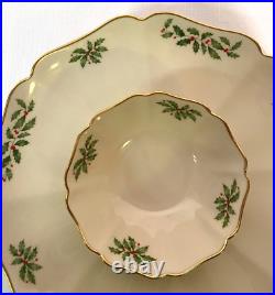 LENOX Holiday Collection HOLIDAY GOURMET SERVER Chip & Dip Set Holly Berry 24K