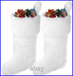 Large Set of 2 White Faux Fur Christmas Stockings 20 Xmas Hanging Presents NEW