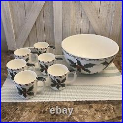 Lefton Christmas Punch Bowl with 6 Cups Mugs, Holly Candy Cane Rim Hand-painted