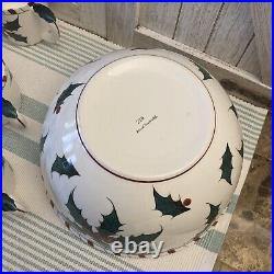 Lefton Christmas Punch Bowl with 6 Cups Mugs, Holly Candy Cane Rim Hand-painted