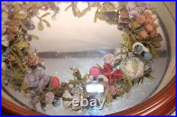 Lg Antique Victorian Woolwork Shadowbox Mourning Flower Wreath 1880 Oval Diorama