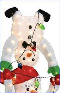 Life Size 65 Christmas Snowman Trio Fluffy Tinsel Stack Led Lighted Yard Decor