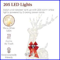 Lighted Christmas Reindeer and Sleigh Outdoor Decor Set with LED Lights Gold/White