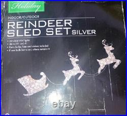 Lighted Silver Reindeer Sleigh Christmas Outdoor Decoration 60 Clear Lights NIB