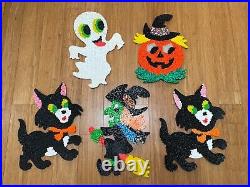 Lot of 5 Vintage Melted Plastic Popcorn Ghost, Black Cat, Witch, Pumpkin