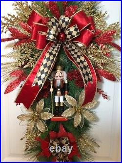 Luxury Nutcracker Harlequin Christmas Door Swag Wreath, Black, Red, Gold XL 40