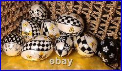 MacKenzie Childs QUEEN BEE Capiz Eggs Courtly Checks Black White & Floral Lot