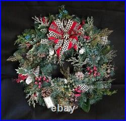 Mackenzie Childs Highland Wreath small Courtly Check 20 pine cones ribbon NWT