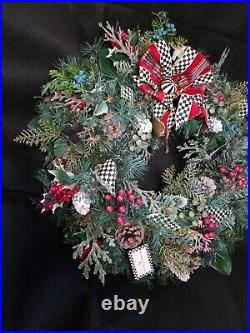 Mackenzie Childs Highland Wreath small Courtly Check 20 pine cones ribbon NWT