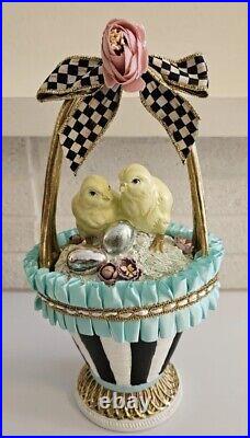Mackenzie Childs Sweet Shop Easter Chick Basket Gold, Aqua & Courtly Check NIB