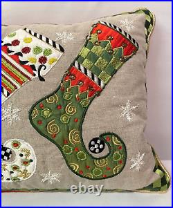 Mackenzie-Childs Trio Elf Stockings Pillow 12 X 18 Lumbar Embroidery Beading