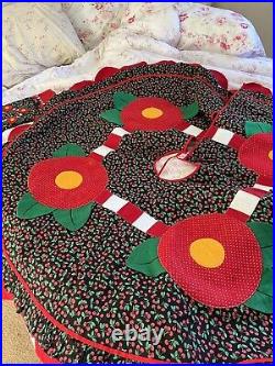 Mary Engelbreit Christmas tree skirt with cherries and flowers With Stocking