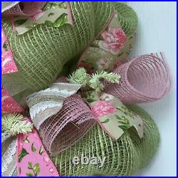Mint and Pink Spring Floral Welcome Wreath Handmade Deco Mesh