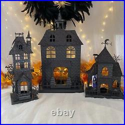 Moonlight Manor Halloween Metal Haunted Houses Village Tea Light Holder Set 3