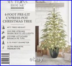 My Texas House Potted 4' Pre-Lit Cypress Artificial Christmas Tree, BRAND NEW