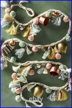 NEW Anthropologie Good Cheer Garland Bells Linen Ribbon Tassels Pom Poms 6 ft