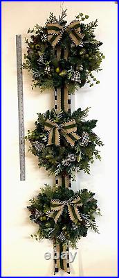 NWOT Mackenzie Childs 67 Farmhouse Triple Door Wreath Courtly Check & Greenery