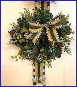NWOT Mackenzie Childs 67 Farmhouse Triple Door Wreath Courtly Check & Greenery