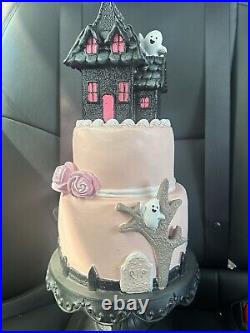 NWT Pink & Black Sparkly Ghosts & Haunted House Large Tiered Cake Figurine Decor