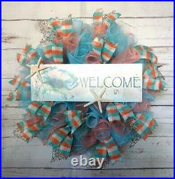 Nautical Beach Ribbon Wreath in Light Blue & Coral Deco Mesh with Crab sign