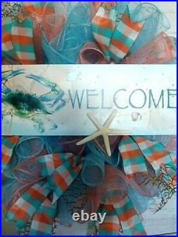 Nautical Beach Ribbon Wreath in Light Blue & Coral Deco Mesh with Crab sign
