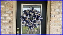 Navy Blue Plaid & Polka Dots Deco Mesh Front Door Wreath Handmade Home Decor