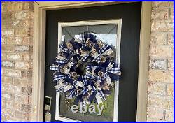 Navy Blue Plaid & Polka Dots Deco Mesh Front Door Wreath Handmade Home Decor