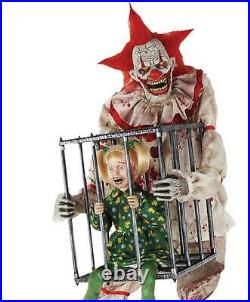 New 7Ft Animated CAGEY the CLOWN with Screaming Kid Creepy Circus Halloween Prop