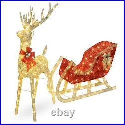 New Lighted Christmas Reindeer and Sleigh Outdoor Decor Set with LED Lights